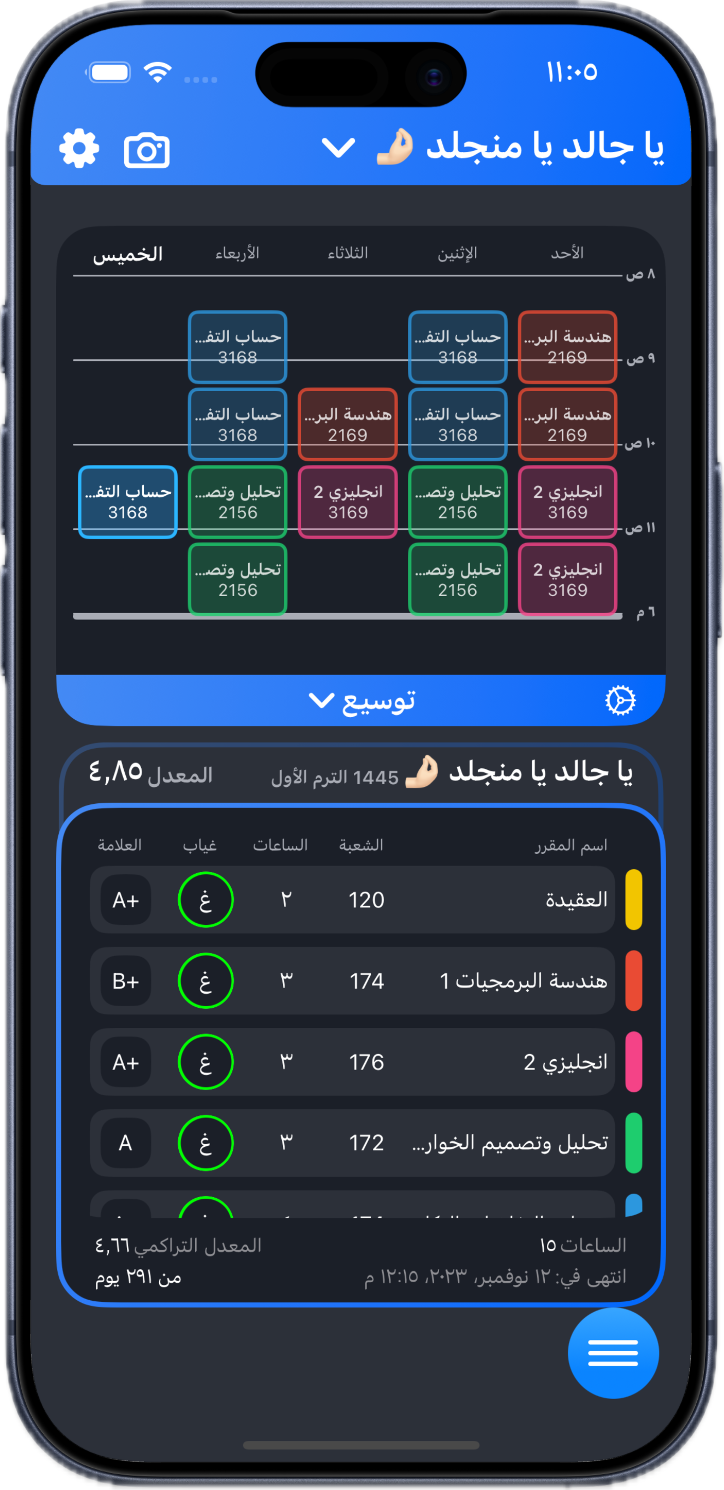 Moqraraty app showing a weekly schedule and course grades